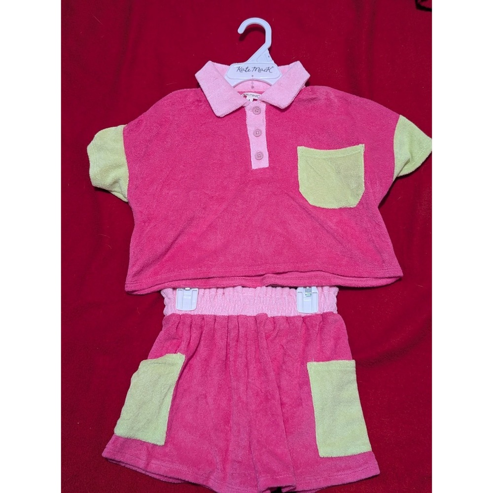 NEW KATE MACK Neon Pink and Green Kids Terry Beach Play Clothes Set Girl Size 4